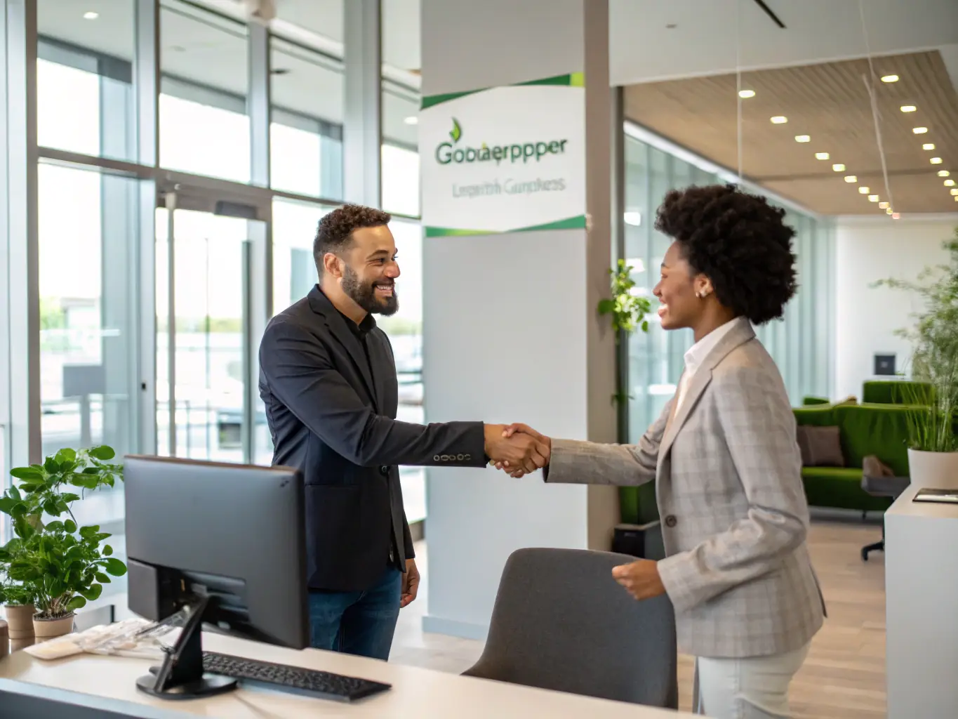 A modern office setting with a small business owner shaking hands with a Grasshopper Bank representative, symbolizing the bank's commitment to supporting business growth through its loan services.