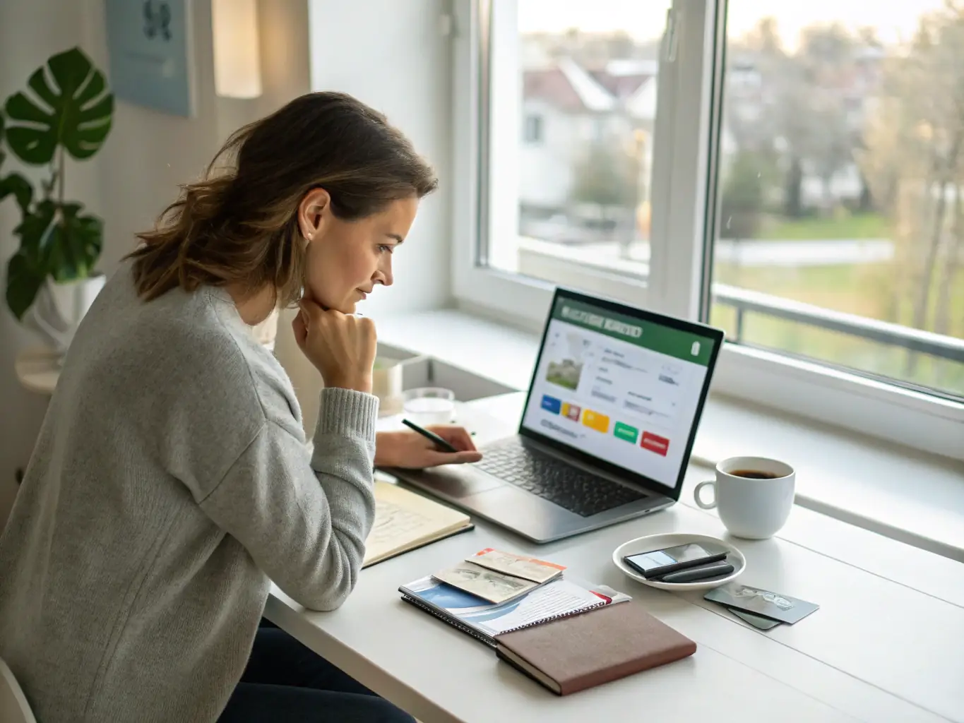A person sitting at home reviewing different credit card options on the Grasshopper Bank website, emphasizing the variety of choices available.