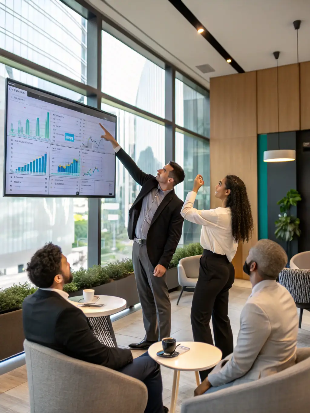 A diverse team of financial advisors collaborating in a modern office, analyzing business growth strategies and financial data on large monitors.