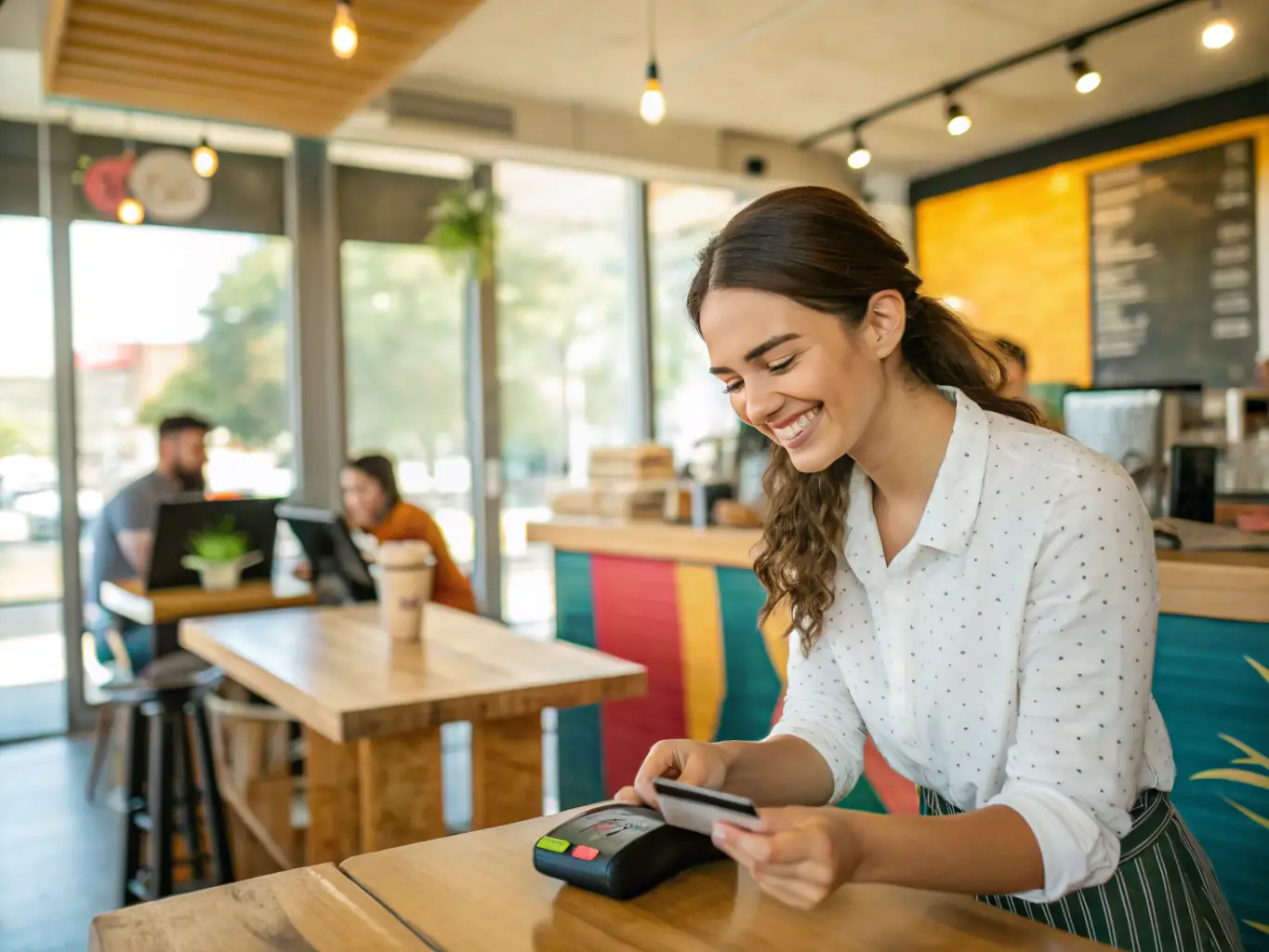 A person happily using a Grasshopper Bank debit card to make a purchase at a local coffee shop, showcasing the convenience of everyday banking.