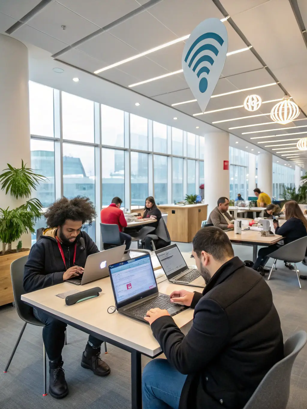 A modern office space with employees working on laptops, showcasing the bank's commitment to technology and innovation in business solutions.