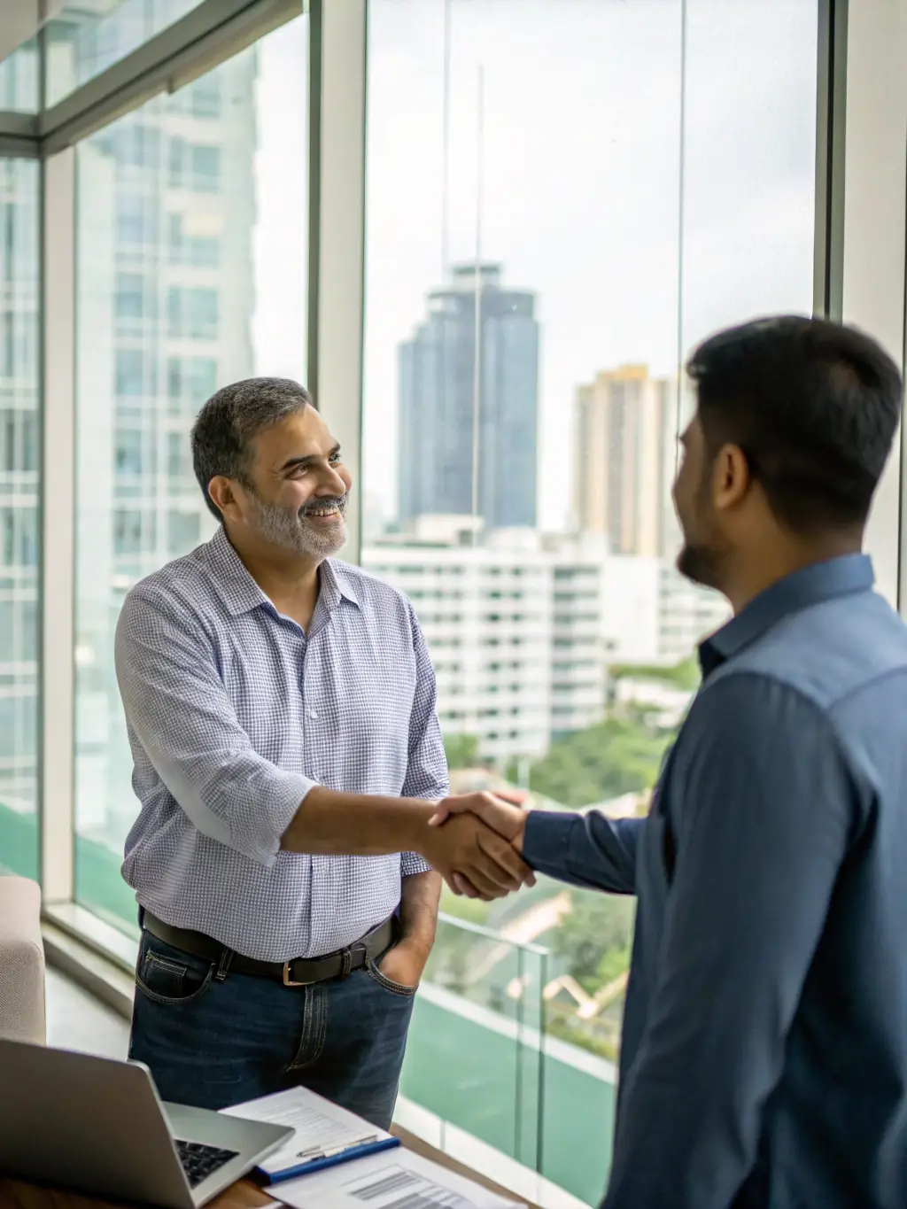 A successful entrepreneur shaking hands with a Grasshopper Bank representative, symbolizing partnership and support for business growth.