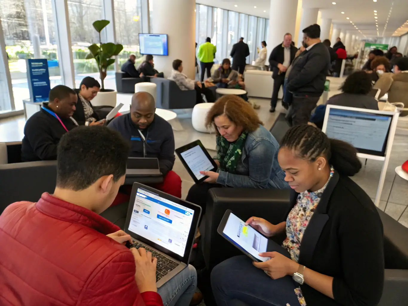 A diverse group of people happily interacting with a modern banking interface on various devices, showcasing the ease and accessibility of Grasshopper Bank's personal banking services.