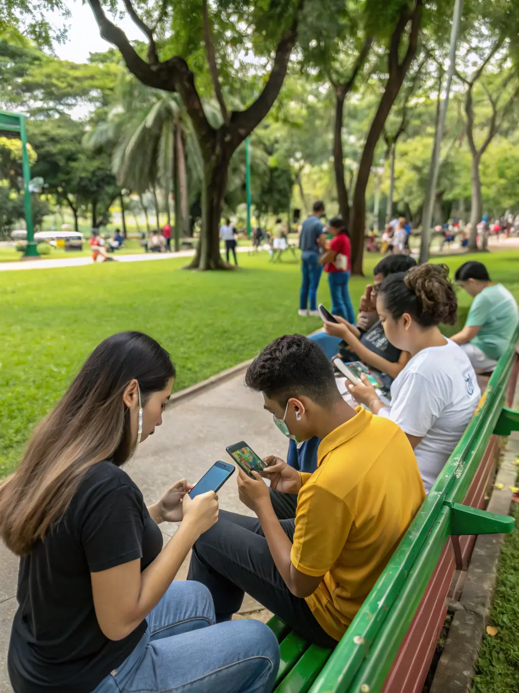 A diverse group of people using the Grasshopper Bank mobile app on their smartphones, showcasing the app's user-friendly interface and features.