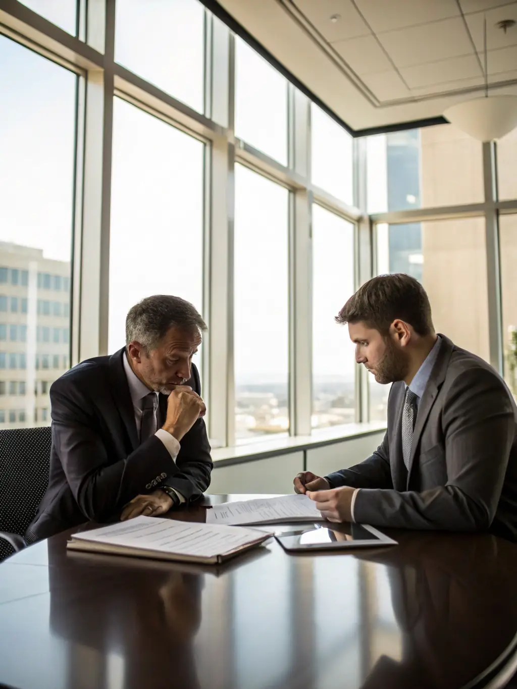 A small business owner reviewing loan options with a Grasshopper Bank representative in a modern office setting, focusing on a laptop displaying loan terms.